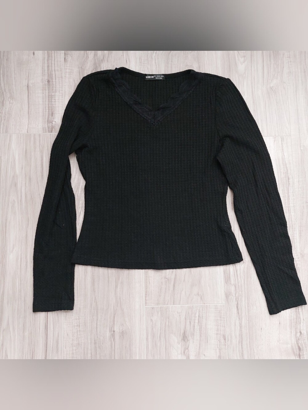 Black Textured V-Neck Top